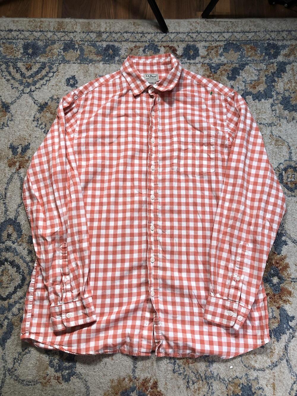 L.L. Bean Shirt Mens MT Orange Check Long Sleeve Button Down Pockets Casual
